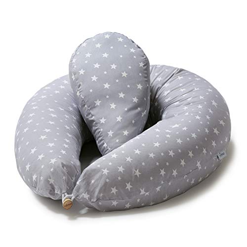 Niimo Stillkissen Seitenschläferkissen Schwangerschaftskissen mit Klein Kissen zum Schlafen Lagerungskissen mit externer Kissenbezug aus 100% Baumwolle für Mutter und Baby (Grau-Weisse Sterne)